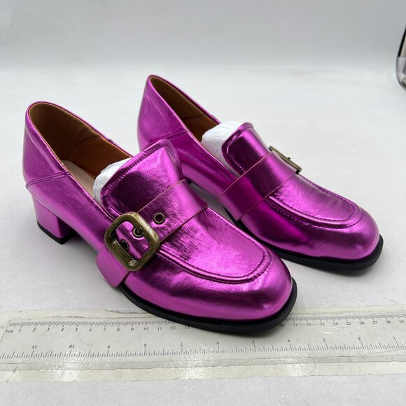 YDN Purple Square Toe Loafers Slip on Block Low Heel Pumps Buckle Fashion Shoes - Picture 4 of 9
